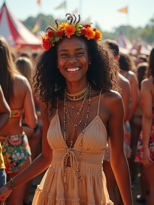 a stunning model as a festival-goer, dancing and enjoying the music in a vibrant crowd, wearing if(gender=f){a boho chic dress and flower crown} if(gender=m){a colorful graphic t-shirt and denim shorts}