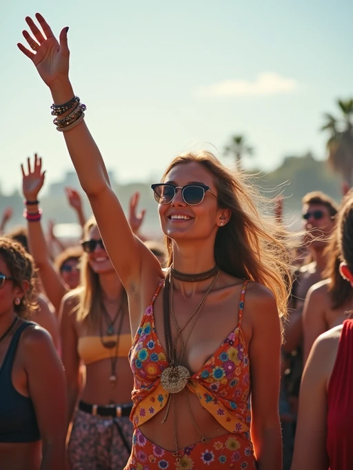 a model enjoying the live music on a sunny day, surrounded by if(gender=f){colorful festival-goers} if(gender=m){energetic fans} and raising their hands in excitement
