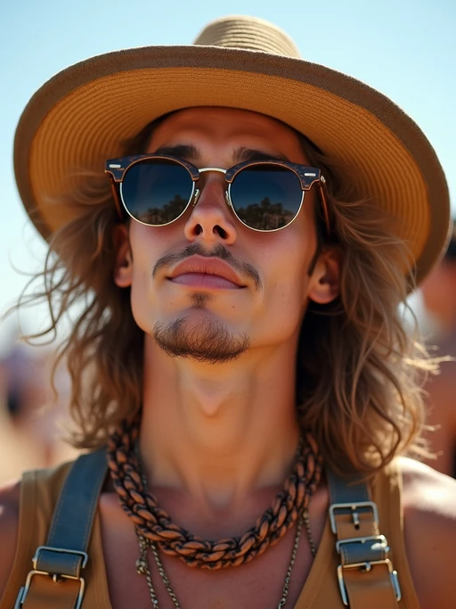 a stunning model with if(gender=f){flowing curly hair and flower accessories} if(gender=m){a stylish hat and sunglasses}, capturing the essence of festival fashion and individuality