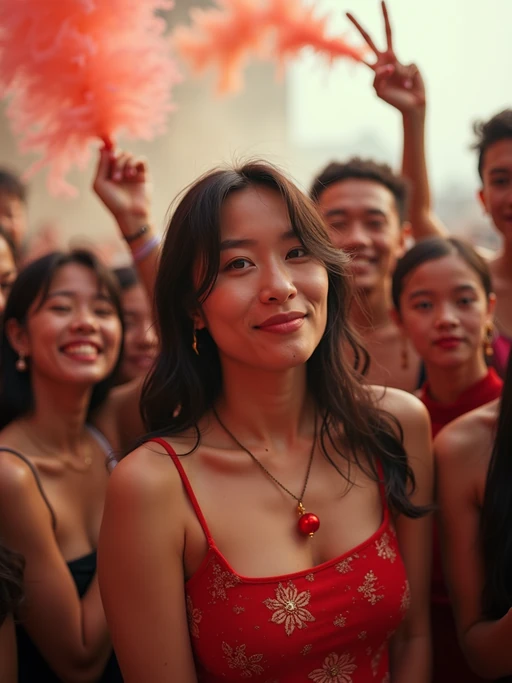 a stunning model surrounded by if(gender=f){a group of friends} if(gender=m){a crowd of fellow festival-goers}, capturing the sense of community and celebration at the festival
