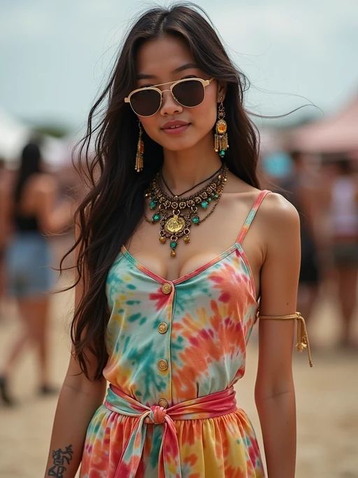 a stunning model in if(gender=f){a tie-dye jumpsuit and statement accessories} if(gender=m){a vibrant button-up shirt and funky sunglasses}, capturing their eclectic and fashionable festival look