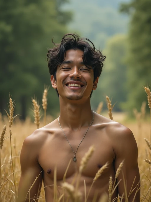 model outside in nature in forest or jungle or a field of wheat enjoying the natural world