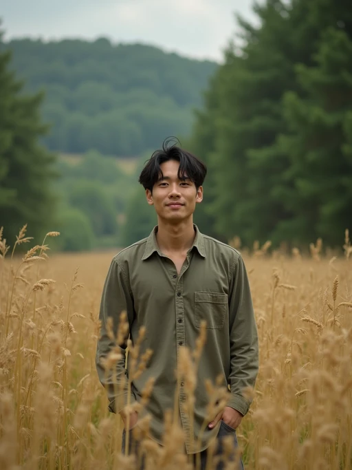 model outside in nature in forest or jungle or a field of wheat enjoying the natural world