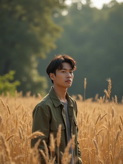 model outside in nature in forest or jungle or a field of wheat enjoying the natural world