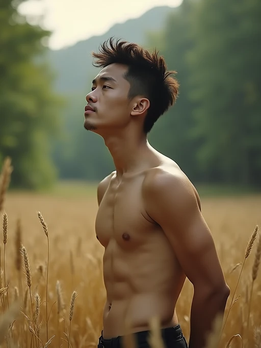 model outside in nature in forest or jungle or a field of wheat enjoying the natural world