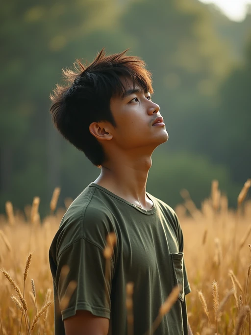 model outside in nature in forest or jungle or a field of wheat enjoying the natural world