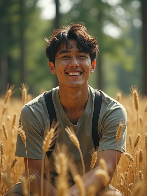 model outside in nature in forest or jungle or a field of wheat enjoying the natural world