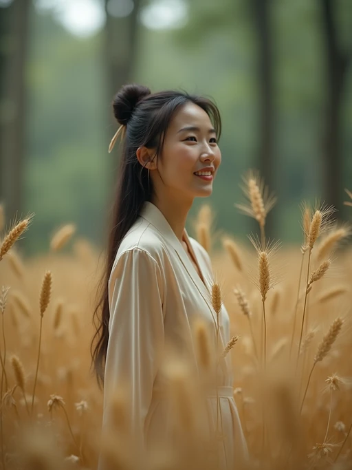 model outside in nature in forest or jungle or a field of wheat enjoying the natural world