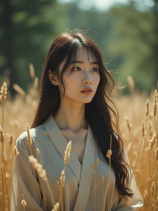 model outside in nature in forest or jungle or a field of wheat enjoying the natural world