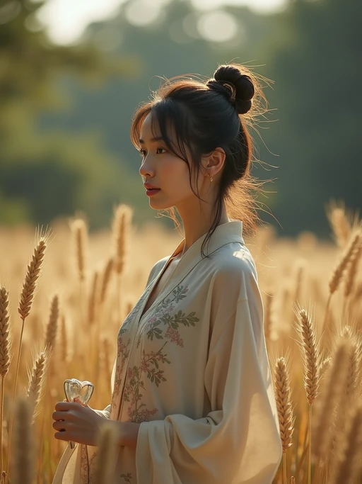 model outside in nature in forest or jungle or a field of wheat enjoying the natural world