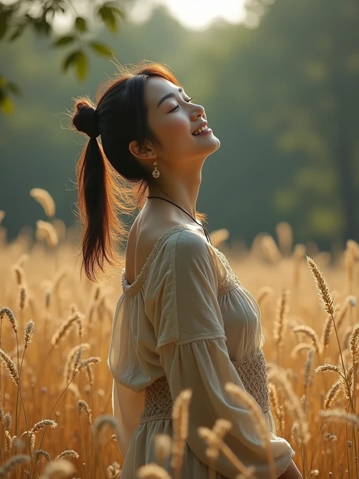 model outside in nature in forest or jungle or a field of wheat enjoying the natural world