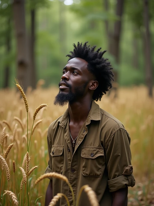 model outside in nature in forest or jungle or a field of wheat enjoying the natural world
