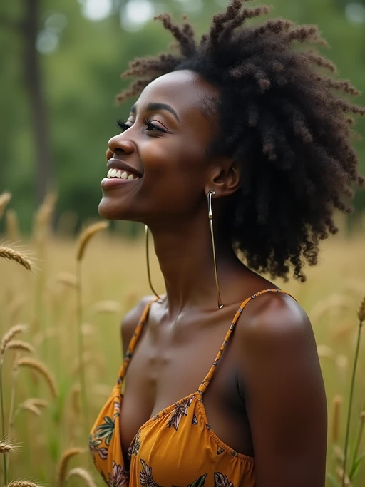 model outside in nature in forest or jungle or a field of wheat enjoying the natural world