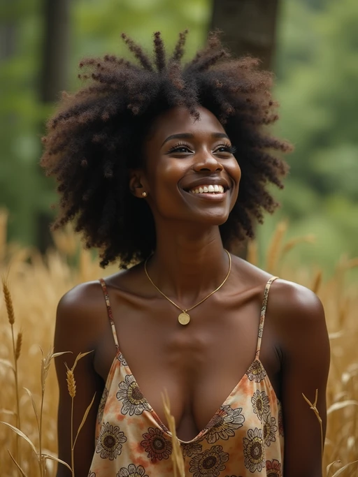 model outside in nature in forest or jungle or a field of wheat enjoying the natural world