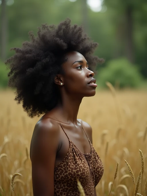 model outside in nature in forest or jungle or a field of wheat enjoying the natural world