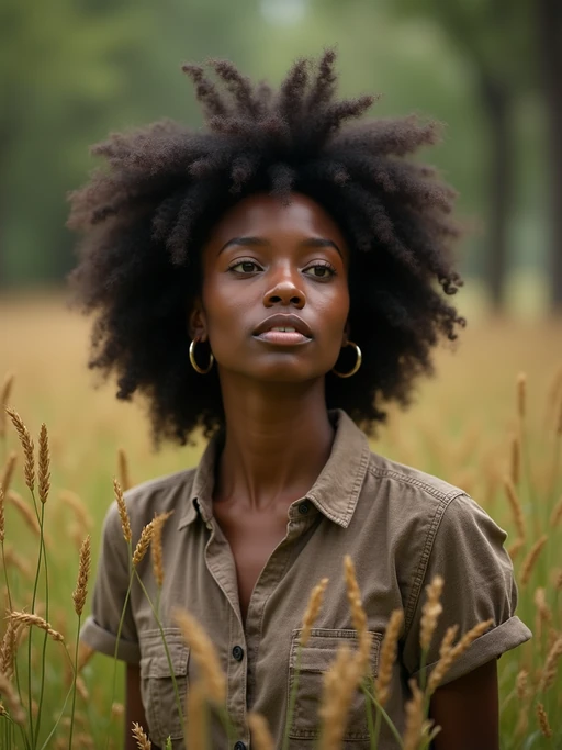 model outside in nature in forest or jungle or a field of wheat enjoying the natural world