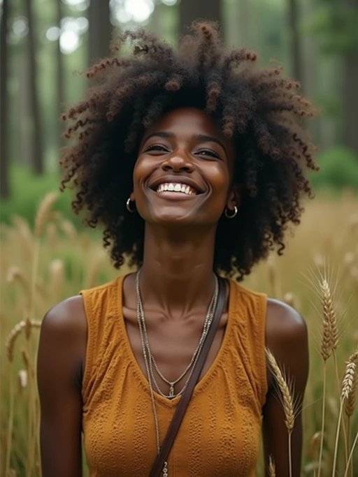 model outside in nature in forest or jungle or a field of wheat enjoying the natural world