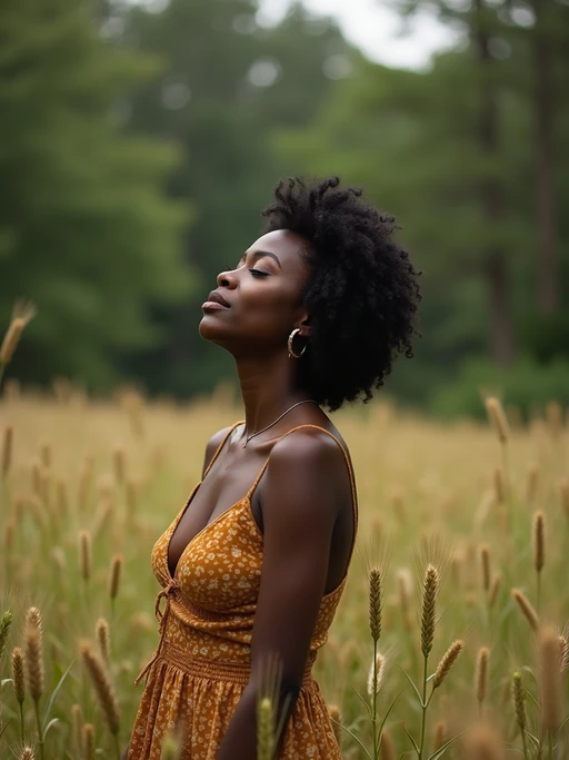 model outside in nature in forest or jungle or a field of wheat enjoying the natural world