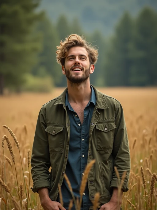 model outside in nature in forest or jungle or a field of wheat enjoying the natural world