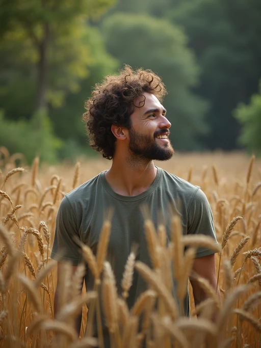 model outside in nature in forest or jungle or a field of wheat enjoying the natural world