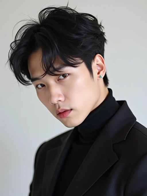 Korean model (with black hair) (as korean kpop k-pop idol) posing for photo, wearing Korean clothes, Korean fashion, Korean fashion, Korean makeup, (in front of solid background)