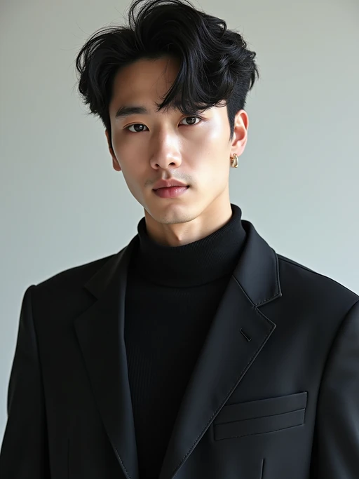 Korean model (with black hair) (as korean kpop k-pop idol) posing for photo, wearing Korean clothes, Korean fashion, Korean fashion, Korean makeup, (in front of solid background)
