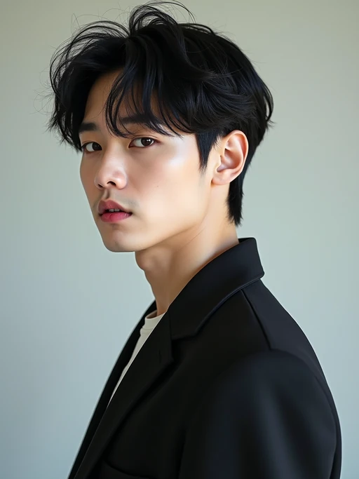 Korean model (with black hair) (as korean kpop k-pop idol) posing for photo, wearing Korean clothes, Korean fashion, Korean fashion, Korean makeup, (in front of solid background)