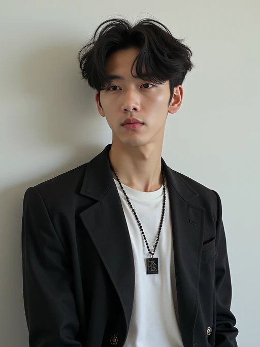 Korean model (with black hair) (as korean kpop k-pop idol) posing for photo, wearing Korean clothes, Korean fashion, Korean fashion, Korean makeup, (in front of solid background)