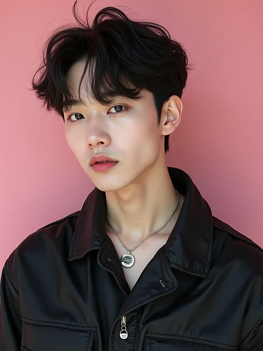 Korean model (with black hair) (as korean kpop k-pop idol) posing for photo, wearing Korean clothes, Korean fashion, Korean fashion, Korean makeup, (in front of solid background)