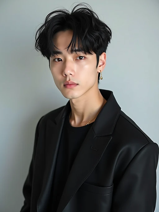 Korean model (with black hair) (as korean kpop k-pop idol) posing for photo, wearing Korean clothes, Korean fashion, Korean fashion, Korean makeup, (in front of solid background)