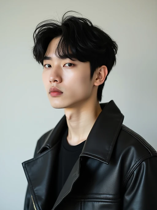 Korean model (with black hair) (as korean kpop k-pop idol) posing for photo, wearing Korean clothes, Korean fashion, Korean fashion, Korean makeup, (in front of solid background)