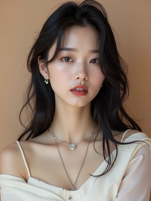 Korean model (with black hair) (as korean kpop k-pop idol) posing for photo, wearing Korean clothes, Korean fashion, Korean fashion, Korean makeup, (in front of solid background)