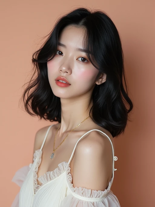 Korean model (with black hair) (as korean kpop k-pop idol) posing for photo, wearing Korean clothes, Korean fashion, Korean fashion, Korean makeup, (in front of solid background)