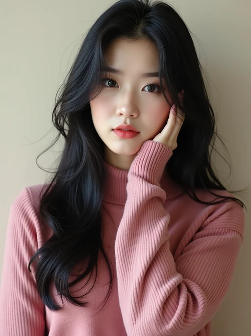 Korean model (with black hair) (as korean kpop k-pop idol) posing for photo, wearing Korean clothes, Korean fashion, Korean fashion, Korean makeup, (in front of solid background)