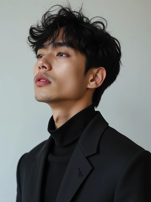 Korean model (with black hair) (as korean kpop k-pop idol) posing for photo, wearing Korean clothes, Korean fashion, Korean fashion, Korean makeup, (in front of solid background)