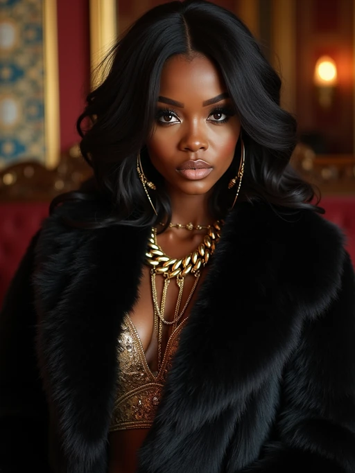 beautiful model as a mobster, mafia, mafia outfit, faux fur coats, chunky gold jewelry, mafia aesthetic, flashy, glamorous, luxury, loud, Goodfellas, The Sopranos, Mob Wives, opulence, confidence