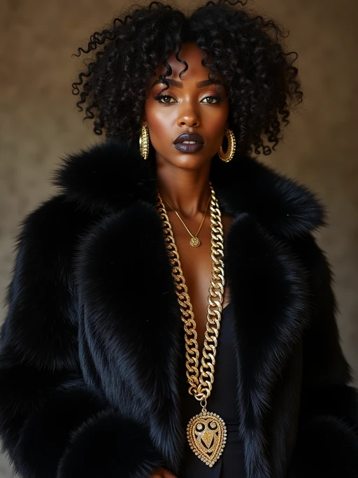 beautiful model as a mobster, mafia, mafia outfit, faux fur coats, chunky gold jewelry, mafia aesthetic, flashy, glamorous, luxury, loud, Goodfellas, The Sopranos, Mob Wives, opulence, confidence