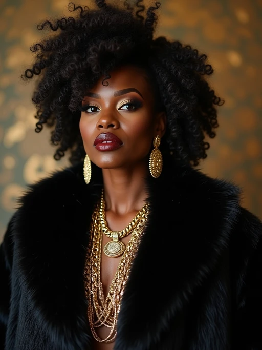 beautiful model as a mobster, mafia, mafia outfit, faux fur coats, chunky gold jewelry, mafia aesthetic, flashy, glamorous, luxury, loud, Goodfellas, The Sopranos, Mob Wives, opulence, confidence
