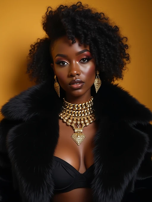 beautiful model as a mobster, mafia, mafia outfit, faux fur coats, chunky gold jewelry, mafia aesthetic, flashy, glamorous, luxury, loud, Goodfellas, The Sopranos, Mob Wives, opulence, confidence