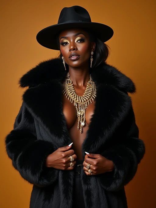 beautiful model as a mobster, mafia, mafia outfit, faux fur coats, chunky gold jewelry, mafia aesthetic, flashy, glamorous, luxury, loud, Goodfellas, The Sopranos, Mob Wives, opulence, confidence