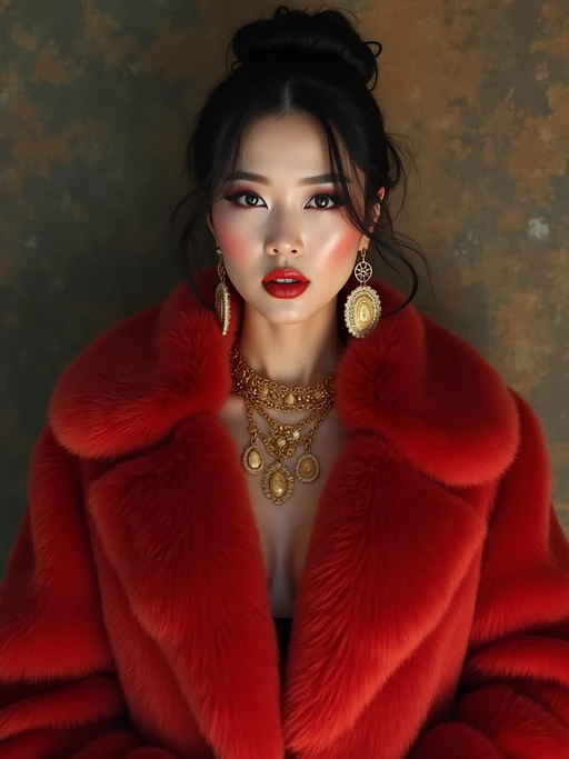 beautiful model as a mobster, mafia, mafia outfit, faux fur coats, chunky gold jewelry, mafia aesthetic, flashy, glamorous, luxury, loud, Goodfellas, The Sopranos, Mob Wives, opulence, confidence