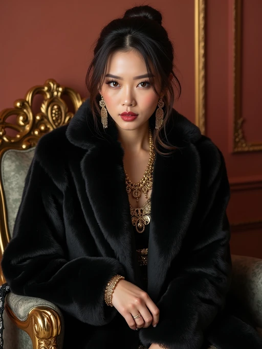 beautiful model as a mobster, mafia, mafia outfit, faux fur coats, chunky gold jewelry, mafia aesthetic, flashy, glamorous, luxury, loud, Goodfellas, The Sopranos, Mob Wives, opulence, confidence