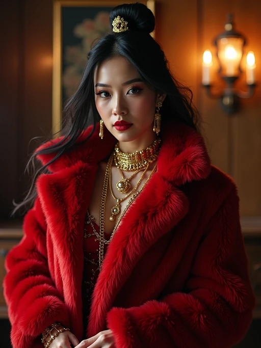 beautiful model as a mobster, mafia, mafia outfit, faux fur coats, chunky gold jewelry, mafia aesthetic, flashy, glamorous, luxury, loud, Goodfellas, The Sopranos, Mob Wives, opulence, confidence