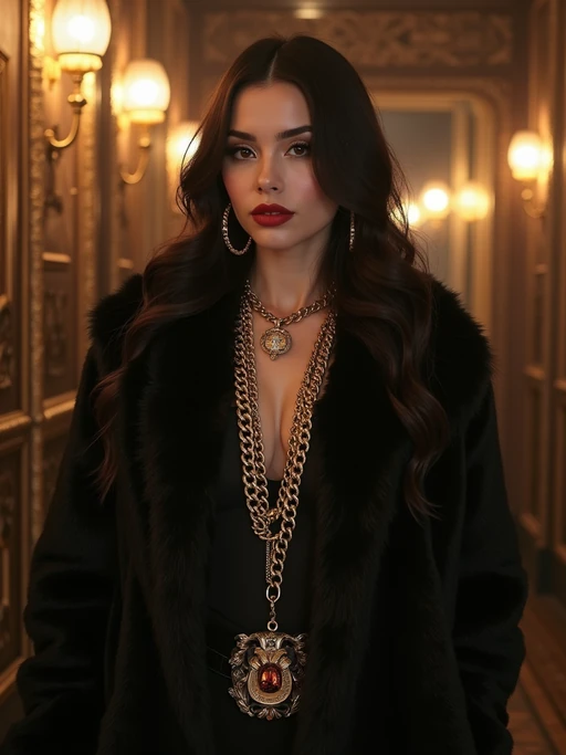 beautiful model as a mobster, mafia, mafia outfit, faux fur coats, chunky gold jewelry, mafia aesthetic, flashy, glamorous, luxury, loud, Goodfellas, The Sopranos, Mob Wives, opulence, confidence
