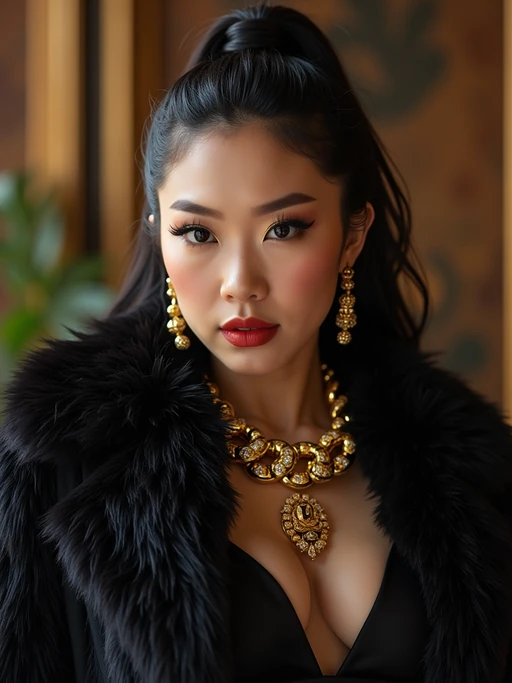 beautiful model as a mobster, mafia, mafia outfit, faux fur coats, chunky gold jewelry, mafia aesthetic, flashy, glamorous, luxury, loud, Goodfellas, The Sopranos, Mob Wives, opulence, confidence