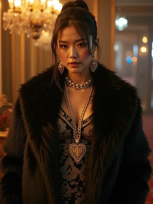 beautiful model as a mobster, mafia, mafia outfit, faux fur coats, chunky gold jewelry, mafia aesthetic, flashy, glamorous, luxury, loud, Goodfellas, The Sopranos, Mob Wives, opulence, confidence