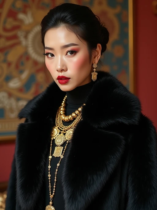 beautiful model as a mobster, mafia, mafia outfit, faux fur coats, chunky gold jewelry, mafia aesthetic, flashy, glamorous, luxury, loud, Goodfellas, The Sopranos, Mob Wives, opulence, confidence