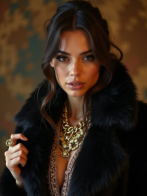 beautiful model as a mobster, mafia, mafia outfit, faux fur coats, chunky gold jewelry, mafia aesthetic, flashy, glamorous, luxury, loud, Goodfellas, The Sopranos, Mob Wives, opulence, confidence