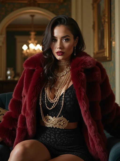 beautiful model as a mobster, mafia, mafia outfit, faux fur coats, chunky gold jewelry, mafia aesthetic, flashy, glamorous, luxury, loud, Goodfellas, The Sopranos, Mob Wives, opulence, confidence