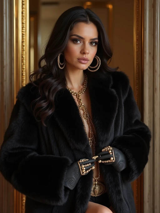 beautiful model as a mobster, mafia, mafia outfit, faux fur coats, chunky gold jewelry, mafia aesthetic, flashy, glamorous, luxury, loud, Goodfellas, The Sopranos, Mob Wives, opulence, confidence